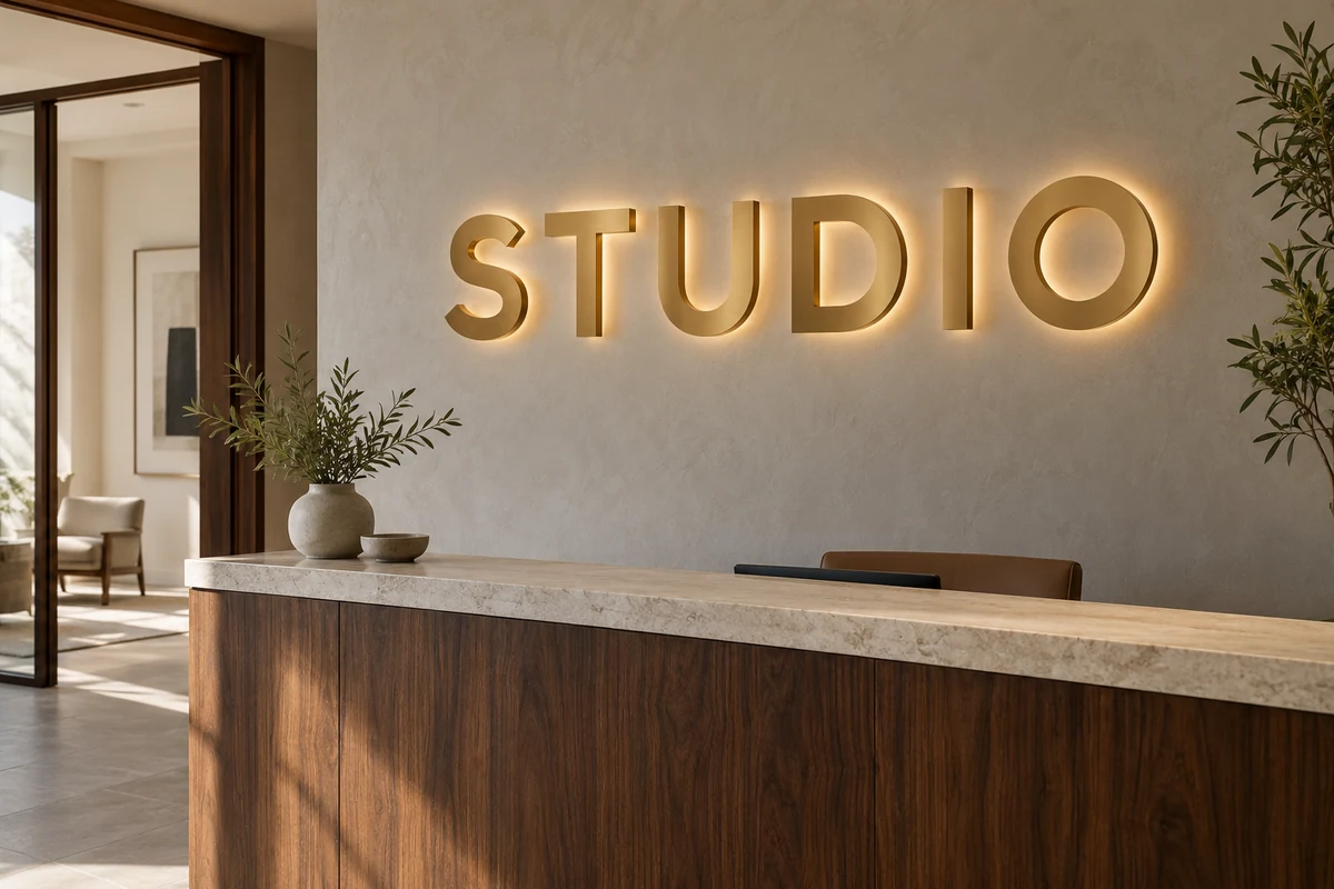 Goldene STUDIO-Buchstaben mit dezentem Rücklicht an der Wand eines eleganten Empfangs mit Walnussholz