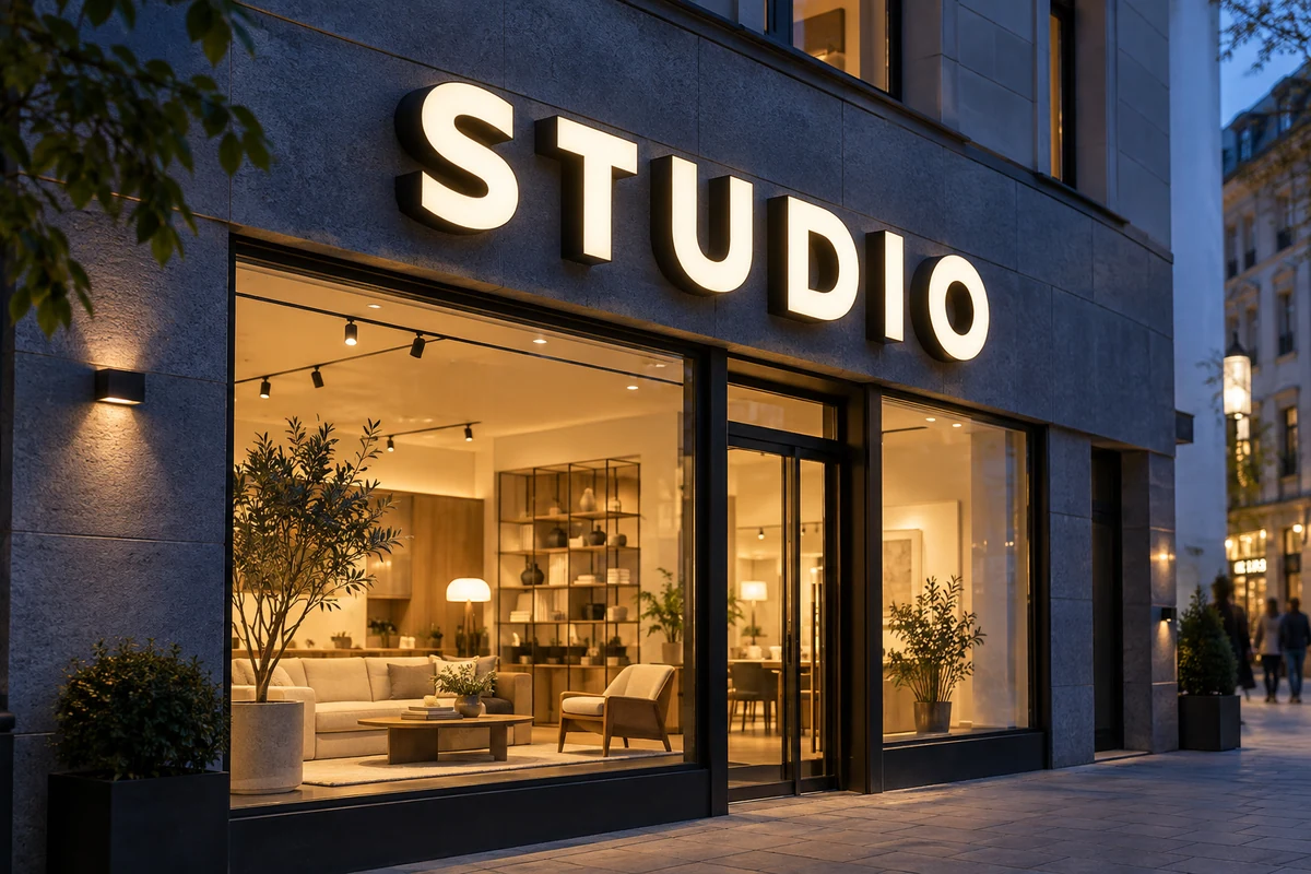 Auffällige frontbeleuchtete STUDIO-Buchstaben über einer Geschäftsfassade zur blauen Stunde