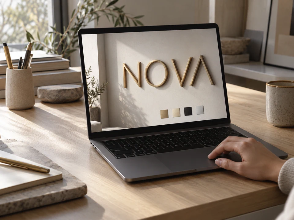 Laptop mit dem Entwurf räumlicher NOVA-Buchstaben auf einem ruhigen Schreibtisch