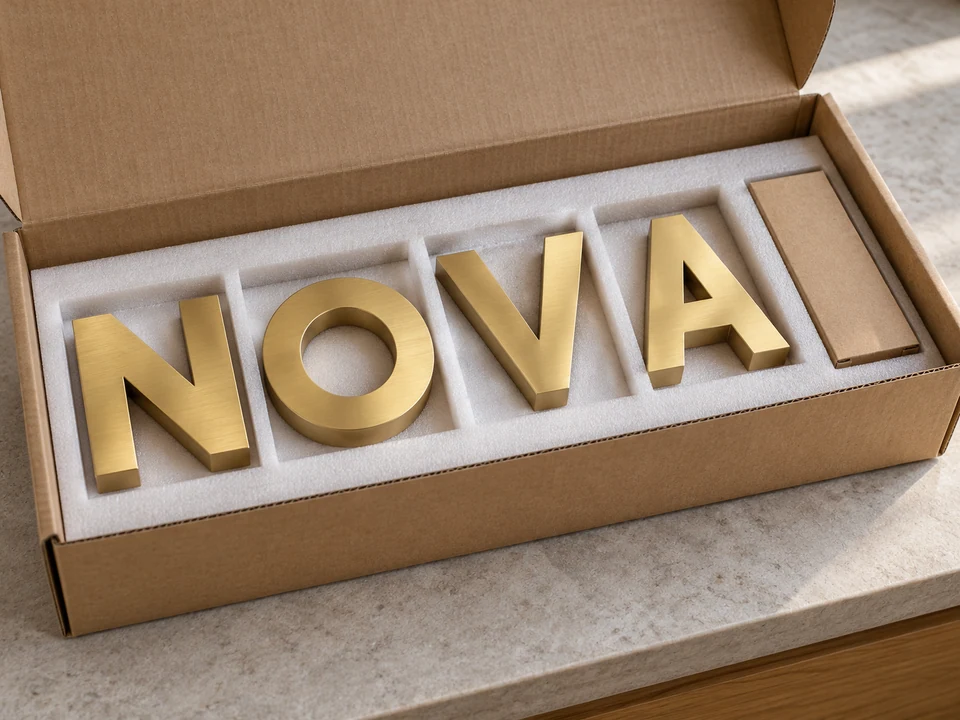 Geöffnete Versandbox mit einzeln geschützten goldenen NOVA-Buchstaben