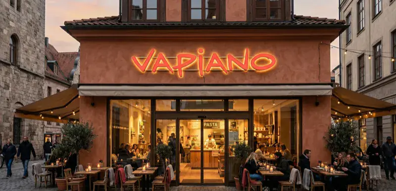 Vapiano beleuchtetes Firmenschild Außenreklame Fassade LED Werbeschilder